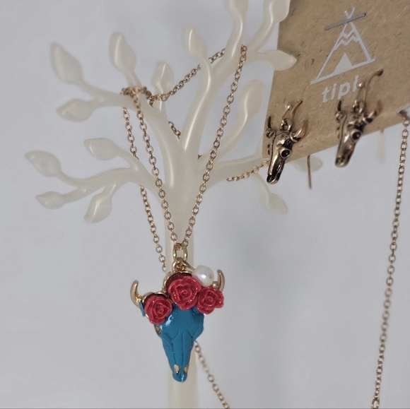 Turquoise Cow Steer Bull Skull Pink Rose Gold Pearl Necklace & Earrings Set - Picture 1 of 3